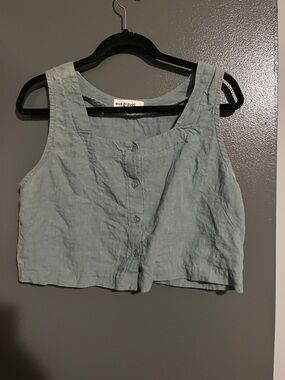 Eve Gravel Light Green Linen Button-Front Crop Camisole
